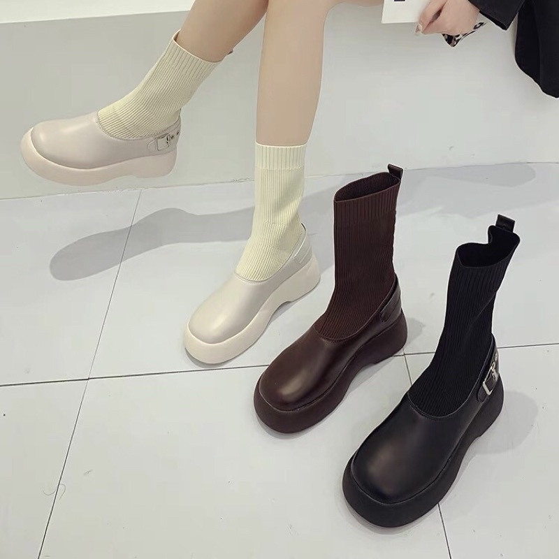 Boots cổ len ngắn da trơn đế cao 4cm phong cách ulzzang