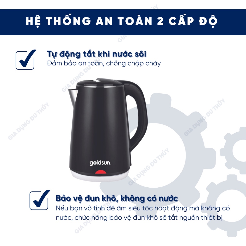 Ấm đun siêu tốc 2.2L màu đen van an toàn 2 cấp Goldsun GKT2602 kiểu dáng hiện đại, inox 304 cao cấp của gia dụng du thủy