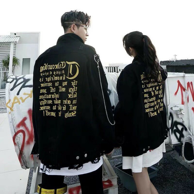 Áo Khoác Jeans Unisex Đen In Form Rộng - Bức Thư Tình Yêu Thương -  size M L và XL
