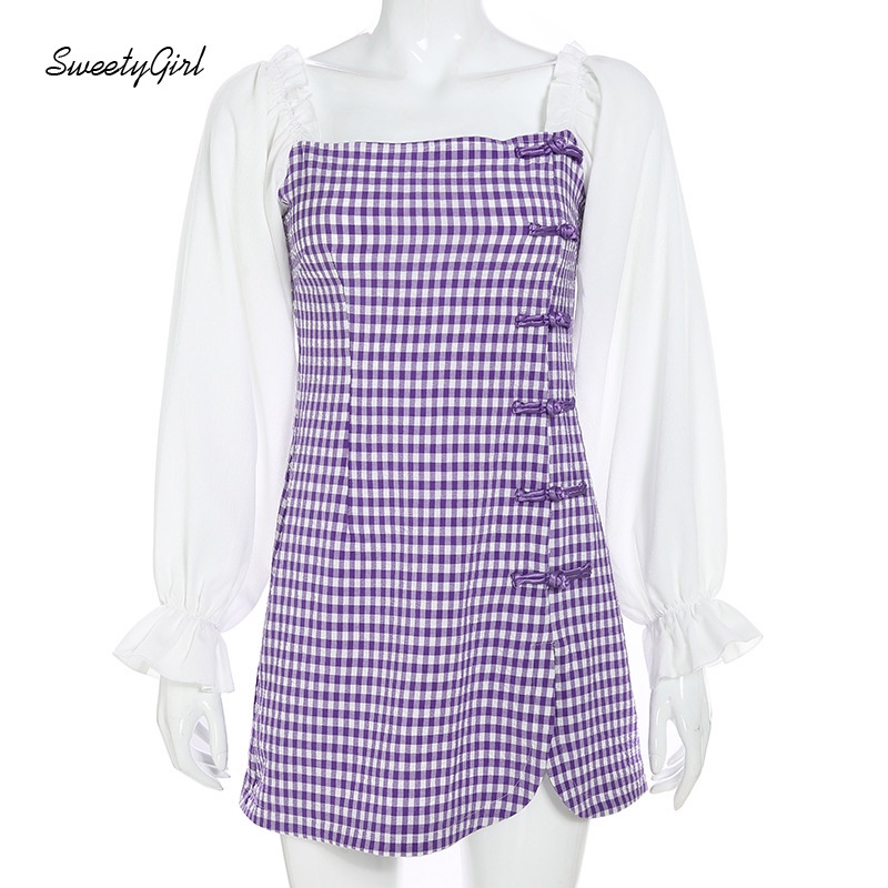 Đầm Mini Hở Vai Tay Dài Họa Tiết Kẻ Sọc Ca Rô 2022 Thời Trang Cho Nữ