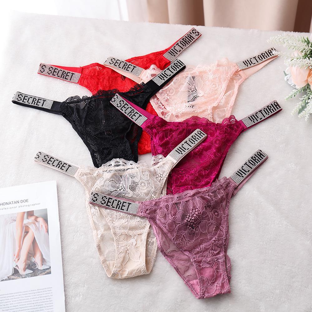 BORAG Quần Lót Ren Hoa Lưng Thấp Thoáng Mát Hoạ Tiết Chữ Cái Đính Đá Lấp Lánh