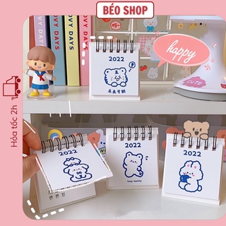 Lịch để bàn mini lò xo 2022 Béo shop hình thỏ gấu hoạt hình dễ thương dùng trang trí decor bàn làm việc góc học tập