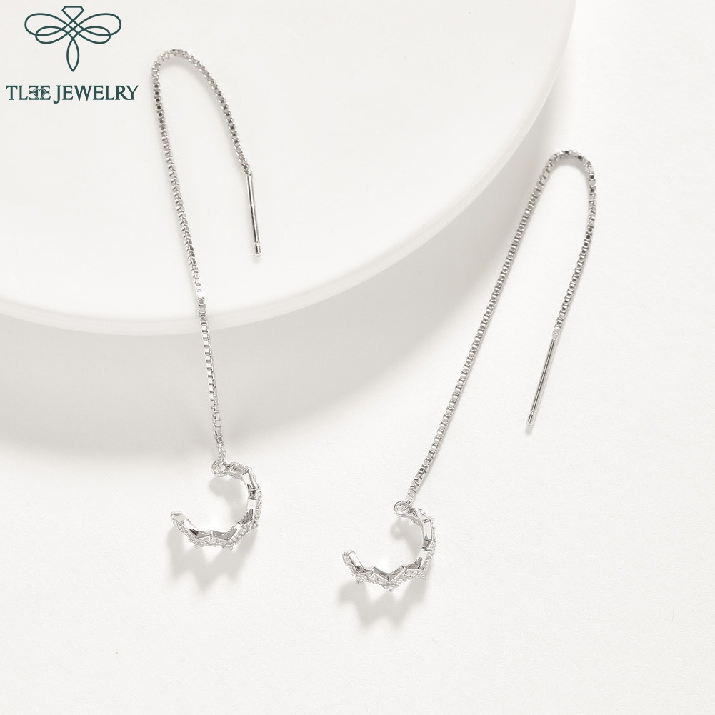 Khuyên tai bạc nữ TLEE dáng kẹp ziczac nạm đá tua dài nữ tính TleeJewelry B0202
