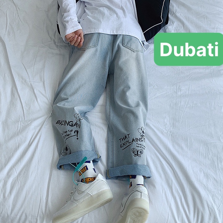 QUẦN BAGGY JEAN NAM ỐNG RỘNG CHẤT BÒ XANH THÊU CHÂN SAU THOÁNG MÁT, CO GIÃN DB 0566- DUBATI FASHION