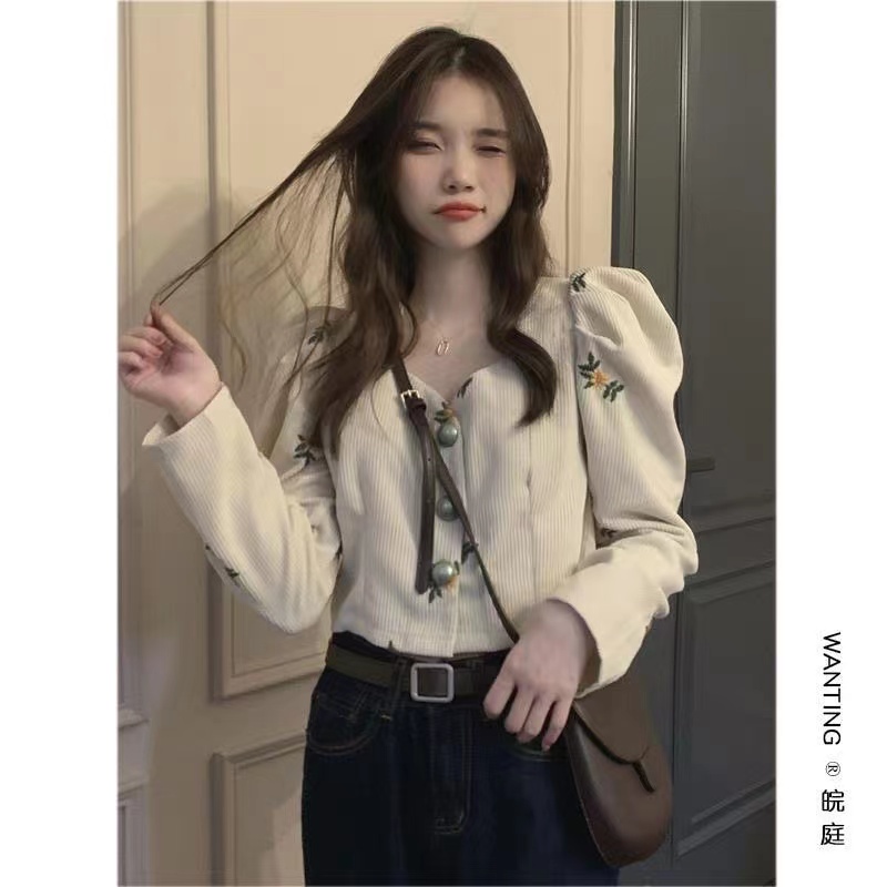 Mới Áo Kiểu Tay Dài Cổ Vuông Hoạ Tiết Hoa Phong Cách Retro