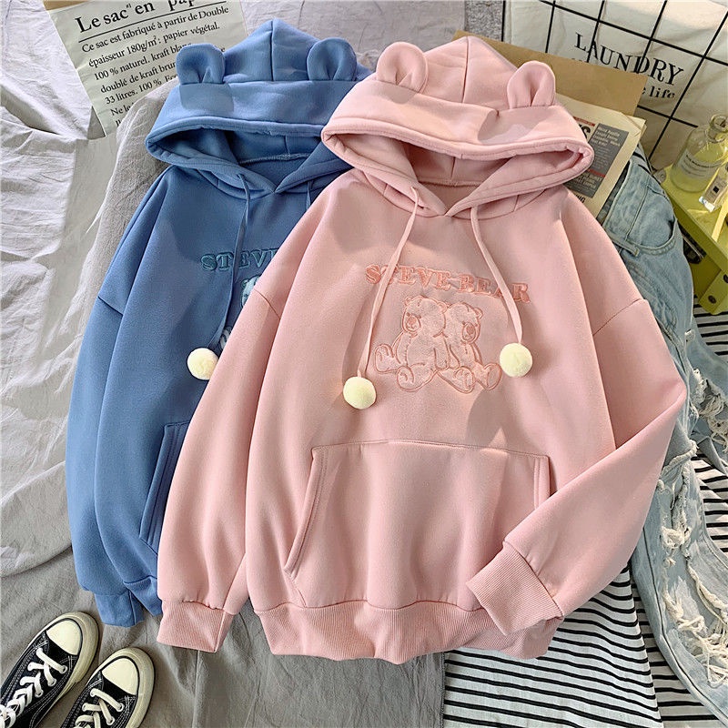 Áo Hoodie Dáng Rộng Thêu Hình Tai Gấu Dễ Thương Cho Nữ