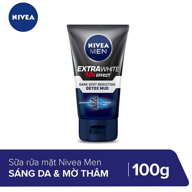 Sữa rửa mặt bùn khoáng giúp sáng da và mờ thâm NIVEA MEN Extra White 10x Effect Detox Mud 100g - Đức Chính Hãng