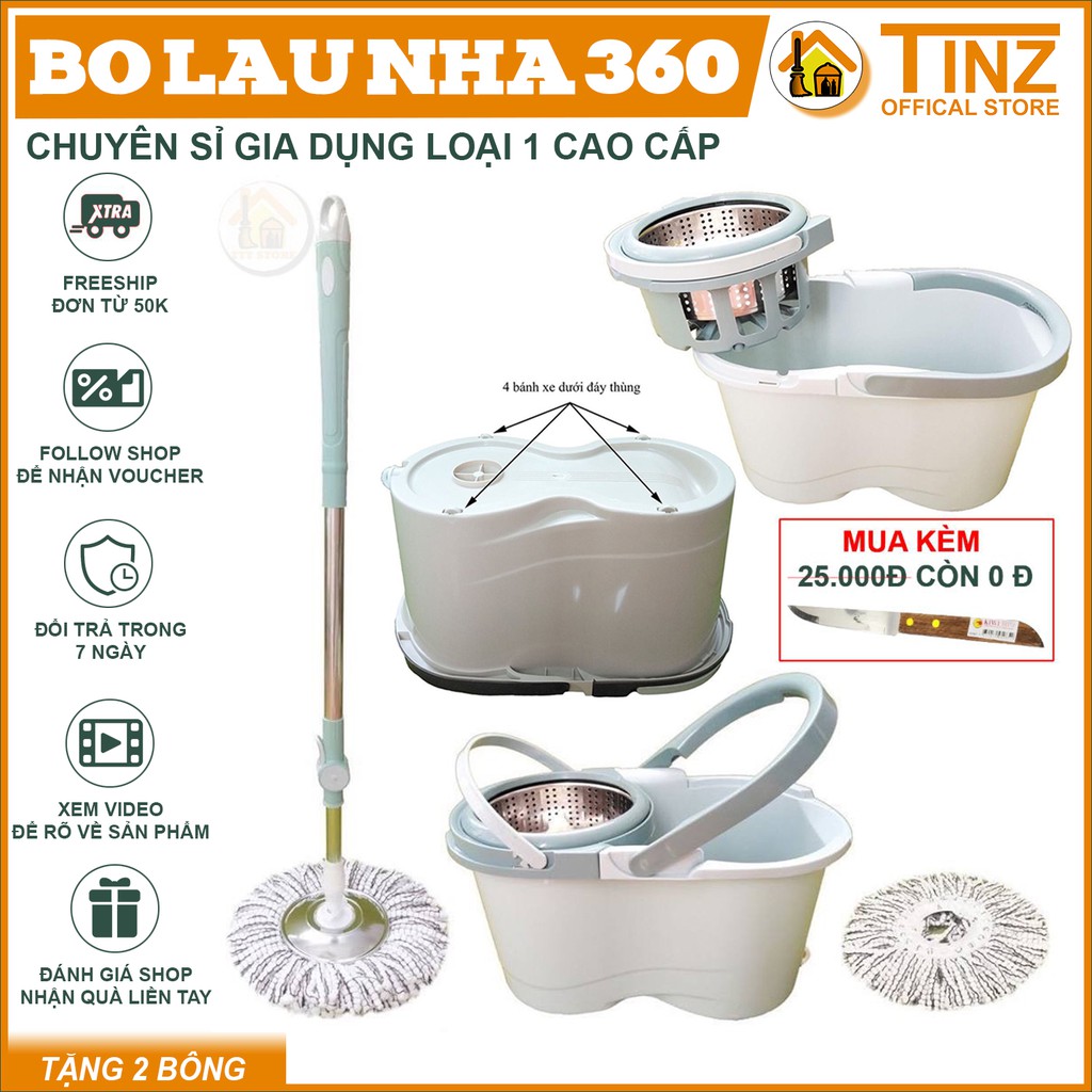 Bộ Lau Nhà Thông Minh Lồng Rời Inox Tháo Rời TINZ VN Có Bánh Xe