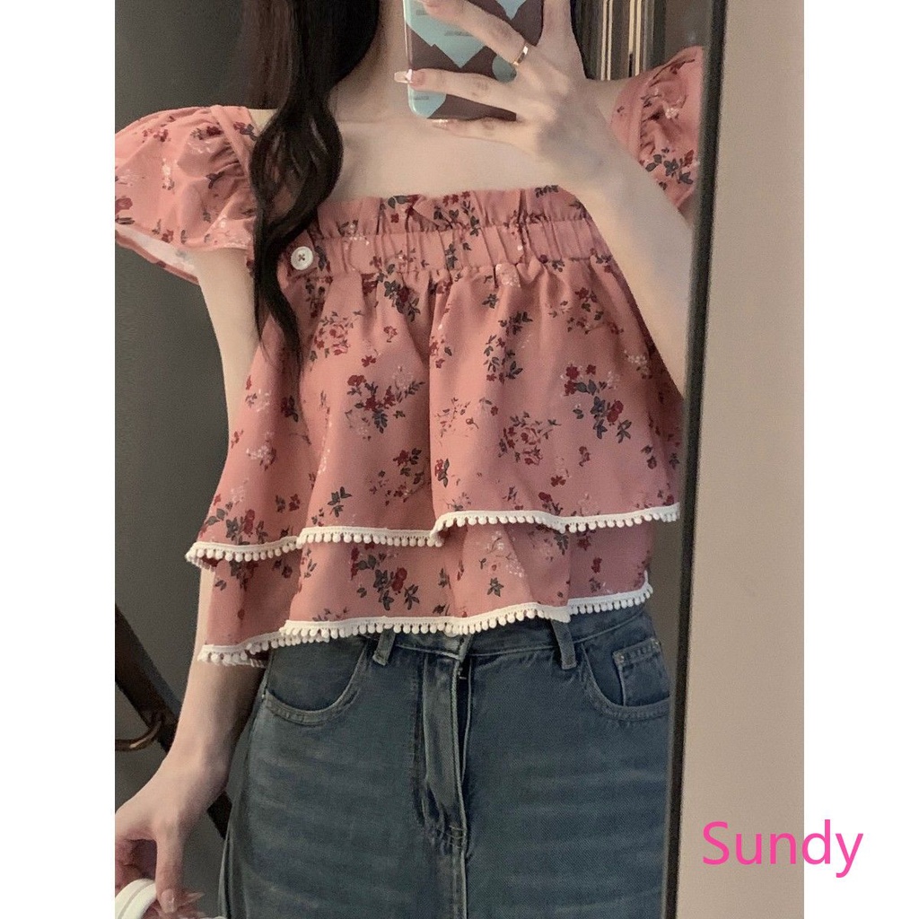 Áo Kiểu Trễ Vai Cổ Vuông In Họa Tiết Hoa Xinh Xắn Thời Trang Mùa Hè Cho Nữ