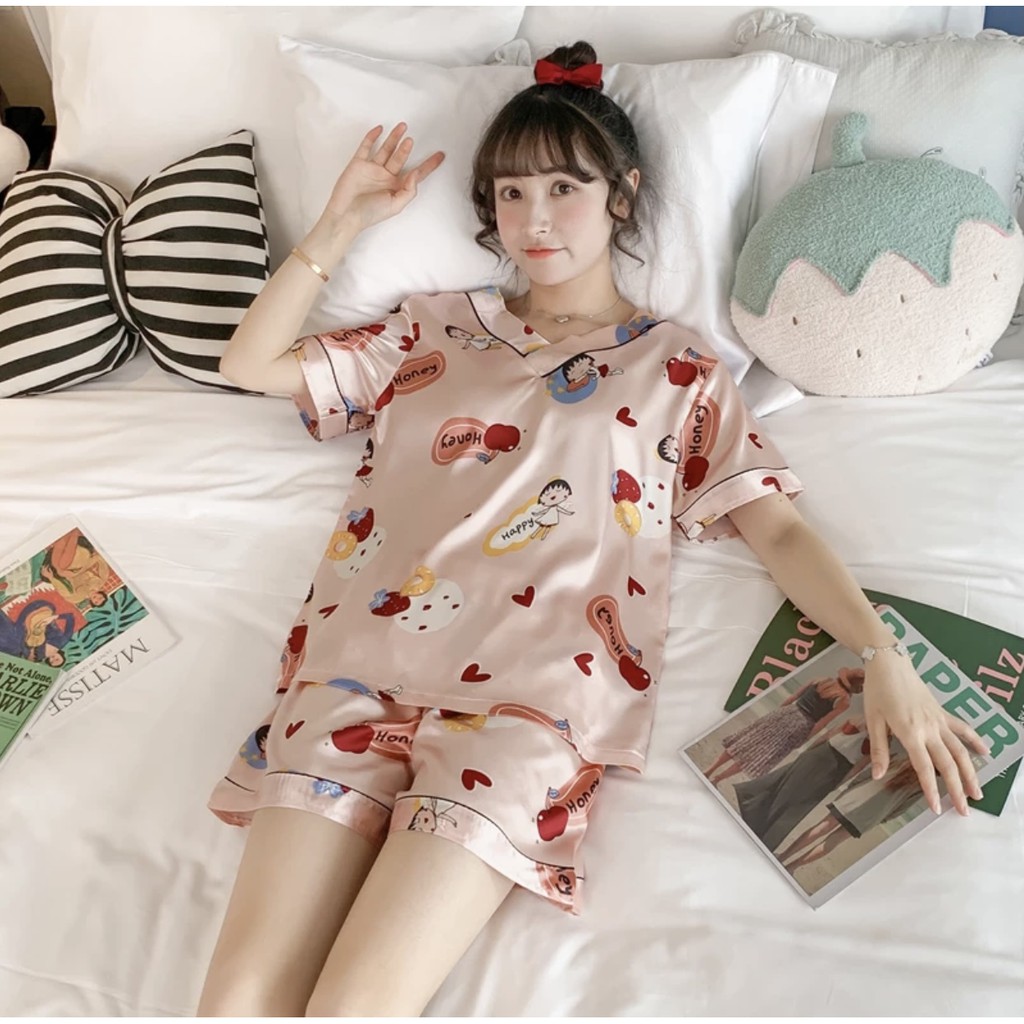 Đồ ngủ lụa nữ ngắn tay Hàn Quốc dễ thương phù hợp với mùa hè | BigBuy360 - bigbuy360.vn