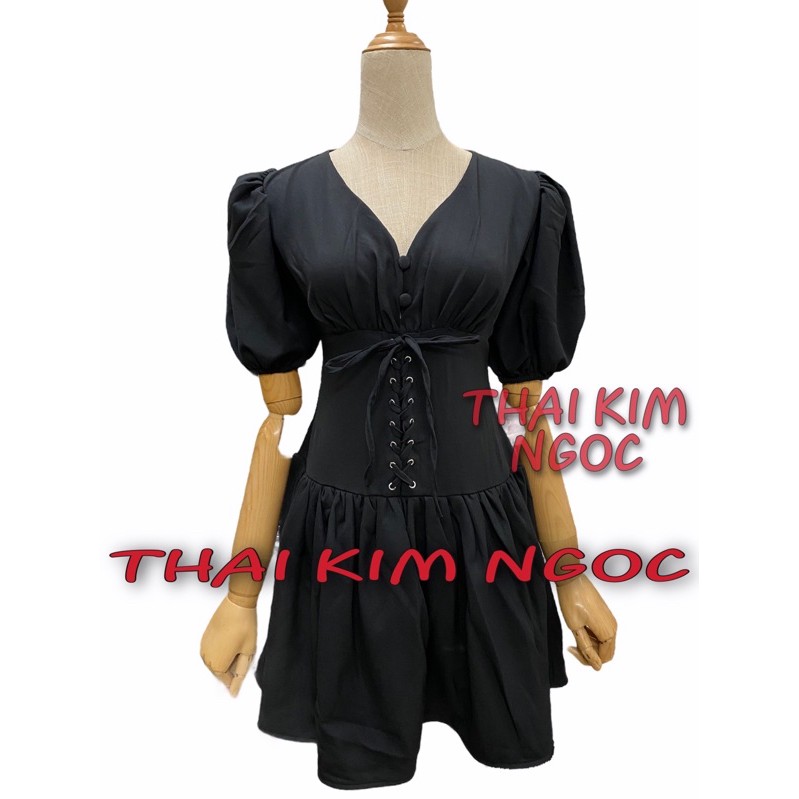 Váy tay bồng cổ V đan bụng 2 màu