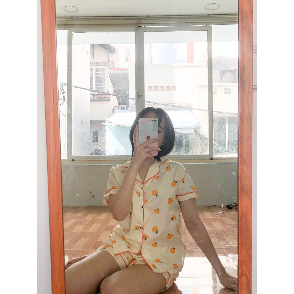 (HÀNG CÓ SẴN) BỘ ĐỒ NGỦ HỌA TIẾT CAM chất vải Kate