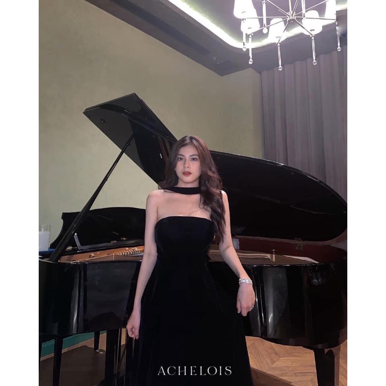 H069-Đầm nhung đi tiệc đính nơ sau lưng