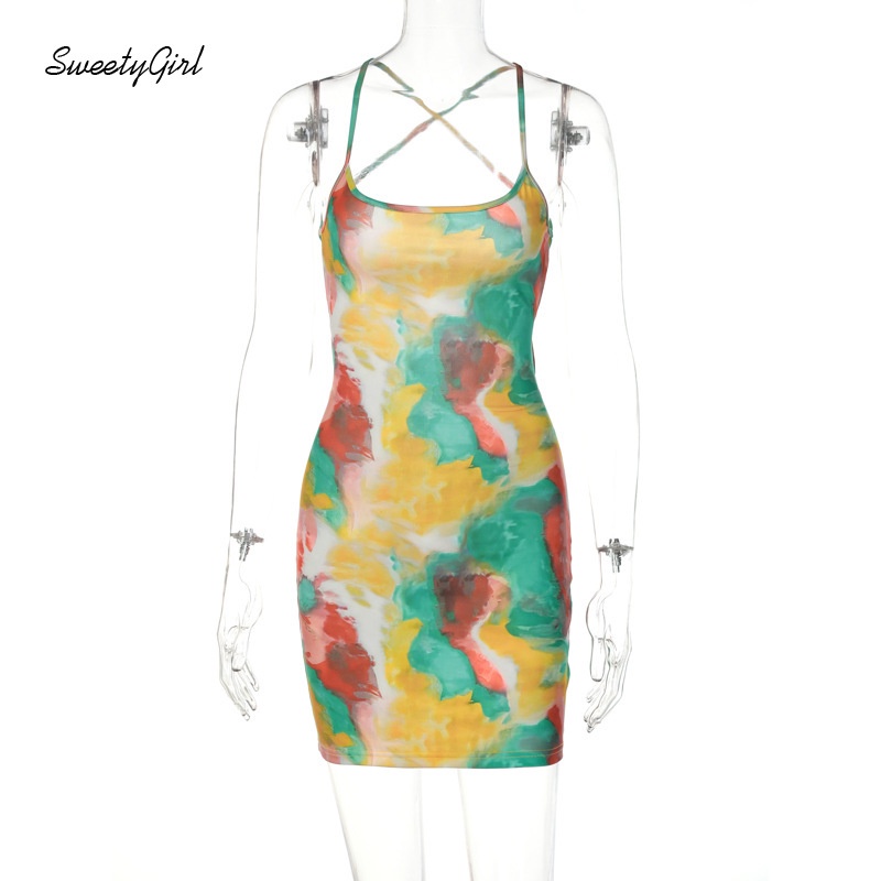 Đầm Mini Cổ Tròn Không Tay Eo Thấp In Họa Tiết Nhiều Màu Sắc Thời Trang 2022 Cho Nữ