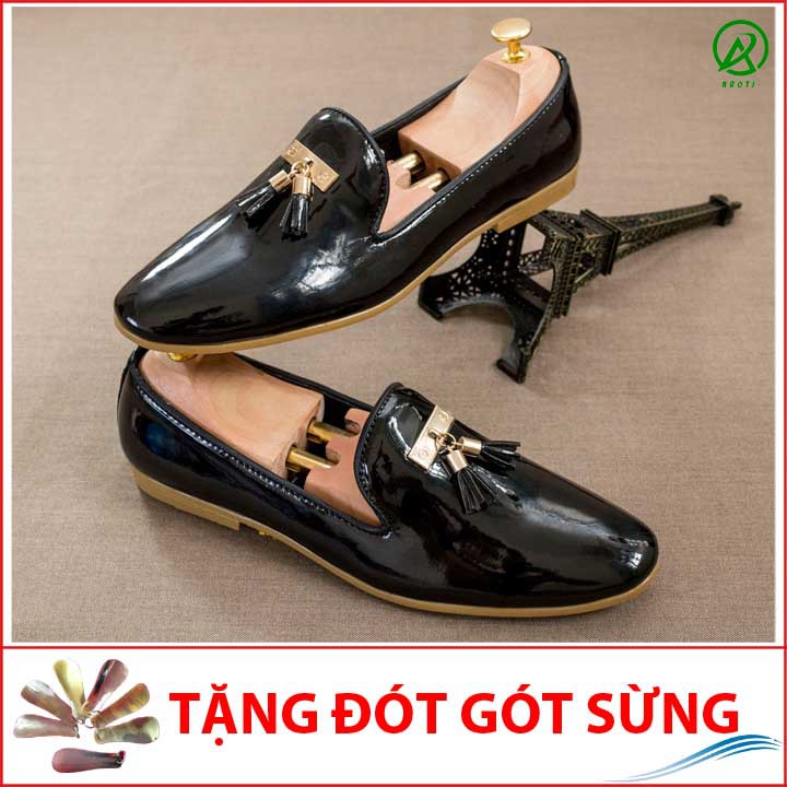 Giày Lười Nam Đẹp Đế Khâu Chuông Vàng Da Bóng Màu Đen Phong Cách Hàn Quốc - M124-BONG(ĐG)- Kèm Đón Gót Sừng
