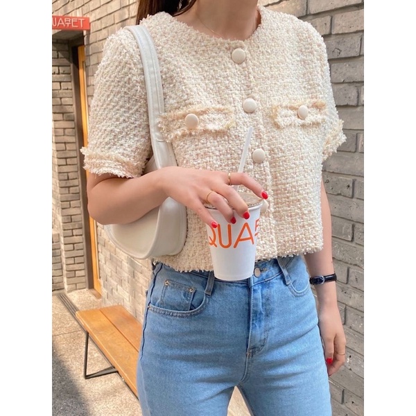 Săn/Order Áo dạ tweed ngắn tay xuân hè phong cách hàn quốc trendy croptop xinh xắn dễ thương màu be sữa hồng pasel