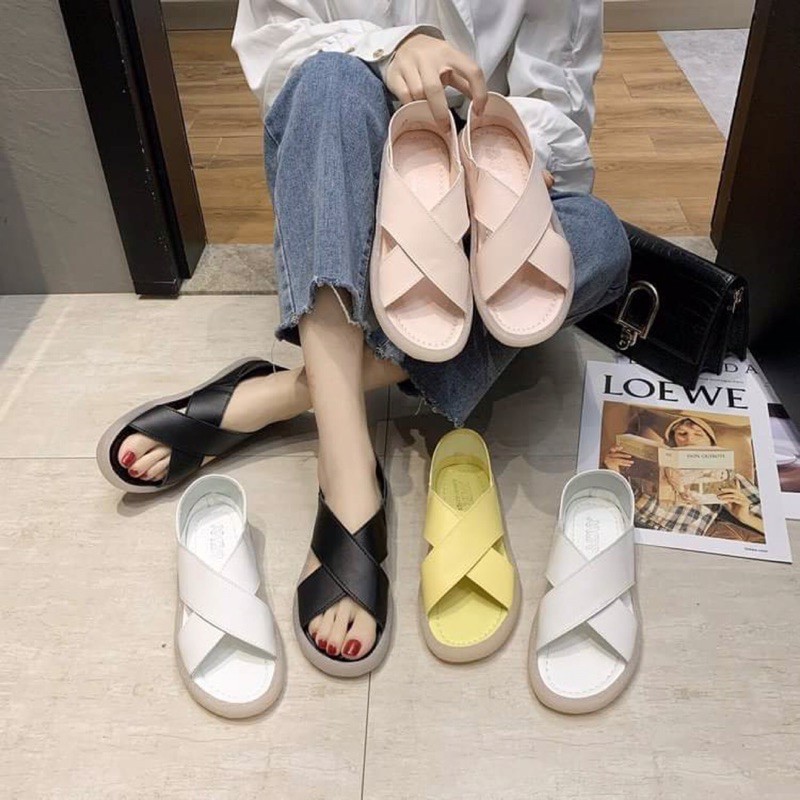 Sandal nữ quai chéo chất da PU đế dẻo chống trơn trượt kiểu dáng thời trang