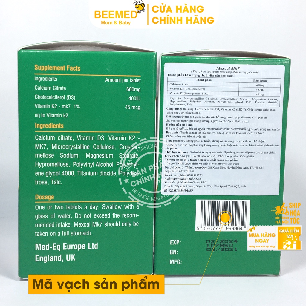 Viên uống bổ sung canxi - MEXCAL MK7, ngừa loãng xương cho bà bầu, người cao tuổi, giúp trẻ phát triển chiều cao