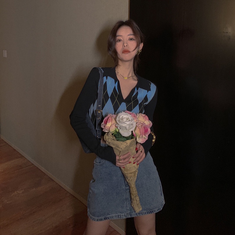 DUNEA Áo croptop dệt kim tay dài kẻ sọc thiết kế mới thời trang theo phong cách hàn quốc