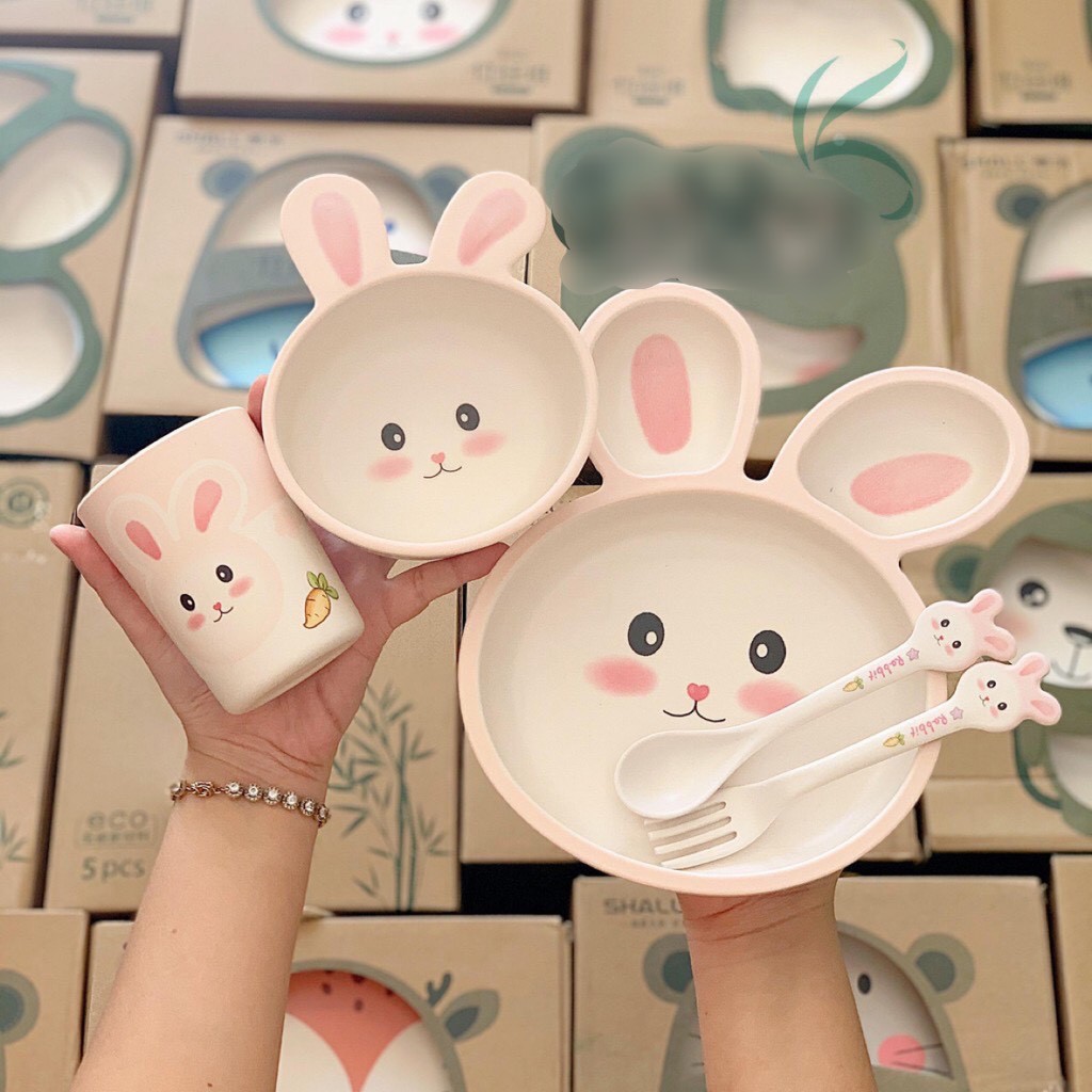 Set 5 món Khay, Bát, Cốc, Thìa, Dĩa ăn dặm hình thỏ hồng hữu cơ tự nhiên SHALL