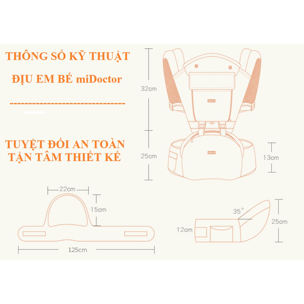 Đai Địu Em Bé Cao Cấp, Ngồi 4 Tư Thế Có Túi Để Đồ Tiện Dụng, Các Bộ Phận Có Thể Tháo Rời - Chính Hãng Cao Cấp miDoctor