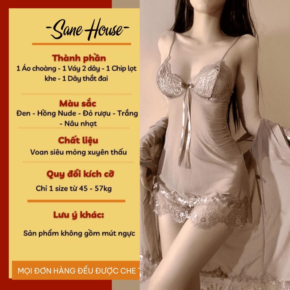 Sét váy ngủ áo choàng ren thắt dây gợi cảm, Đầm ngủ viền hoa ren nơ ngực sexy tặng kèm quần lọt khe VN01 😍