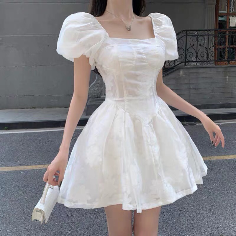 Đầm ren hoa tay bồng xòe có lót cao cấp  n48-822
