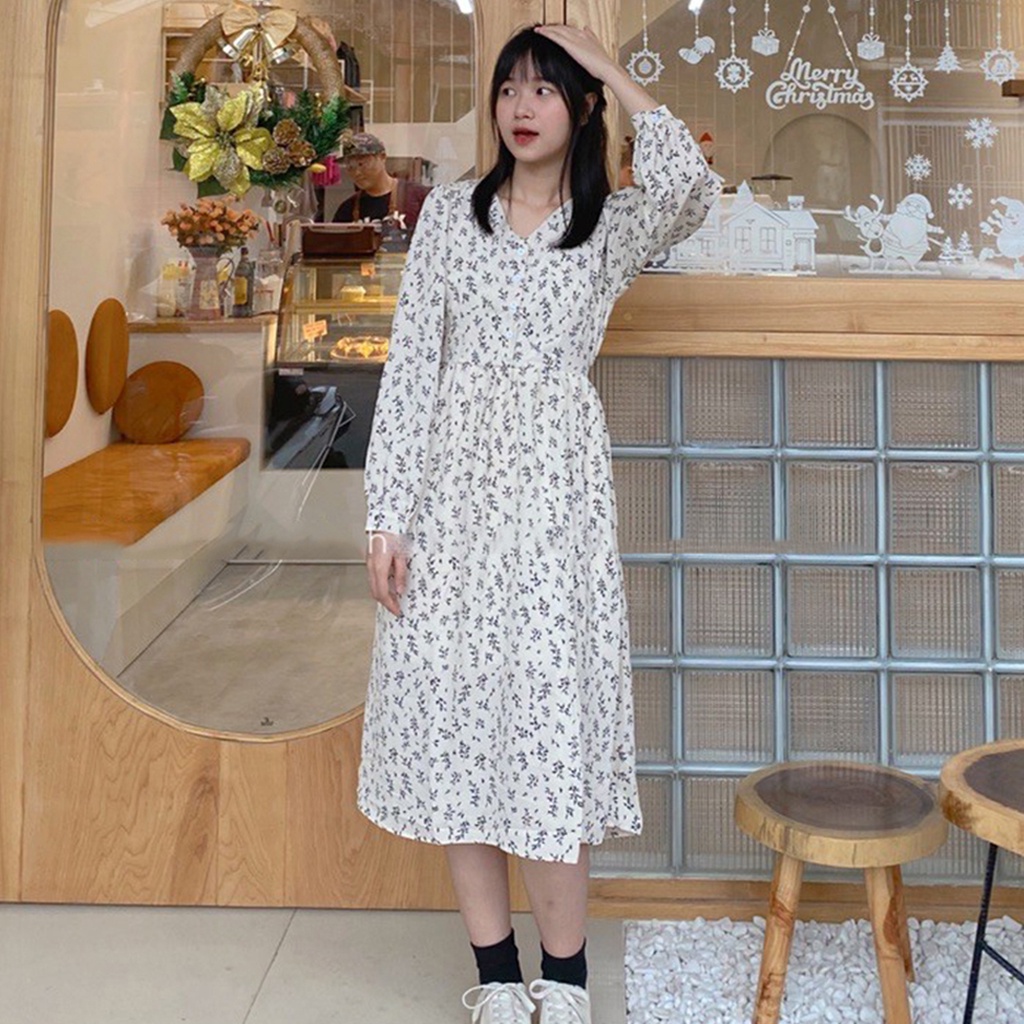 Váy trắng hoa nhí babydoll cổ V hoa nhí body cúc ngực , Đầm dự tiệc Ulzzang dáng dài thiết kế dự tiệc | BigBuy360 - bigbuy360.vn