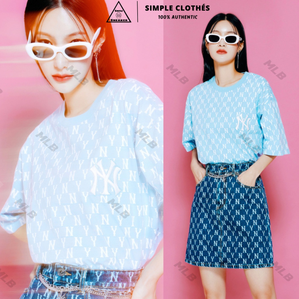 ÁO BASIC MONOGRAM ALLOVER SHORT SLEEVE NY🔥CHÍNH HÃNG🔥T-shirt Ngắn Tay Logo NY Màu Xanh Nhạt  - SIMPLE SNEAKE