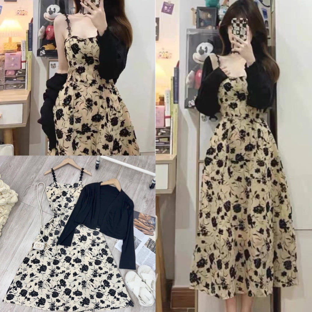 Set Váy 2 Dây Hoa Hồng Đen Có Mút Ngực Mix Áo Cardigan Khoác Ngoài Đen kèm ảnh thật, Đầm hoa nhí hot nhất 2022 hàn quốc