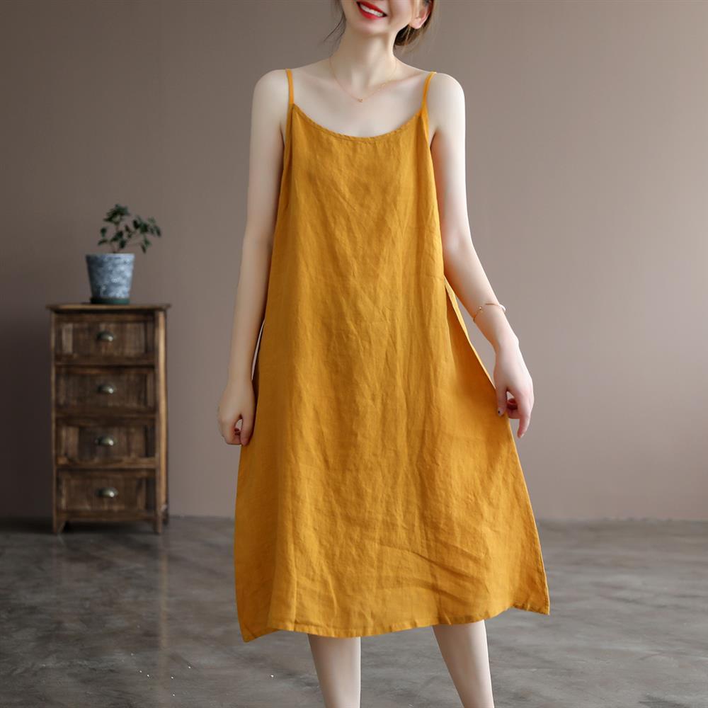 Đầm cotton Lanh Hai Dây Dáng Rộng Màu Trơn Mẫu Mới 2022 Thời Trang Cho Nữ
