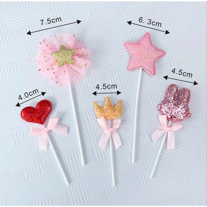 Combo 10 bộ 50 topper tai thỏ vương miện tim sao trang trí bánh sinh nhật, topper cake