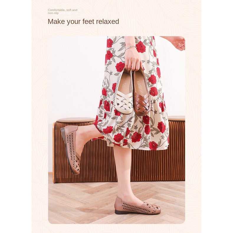 Xăng đan Da Mềm Chống Trượt Thoải Mái Cho Phụ Nữ Trung Niên