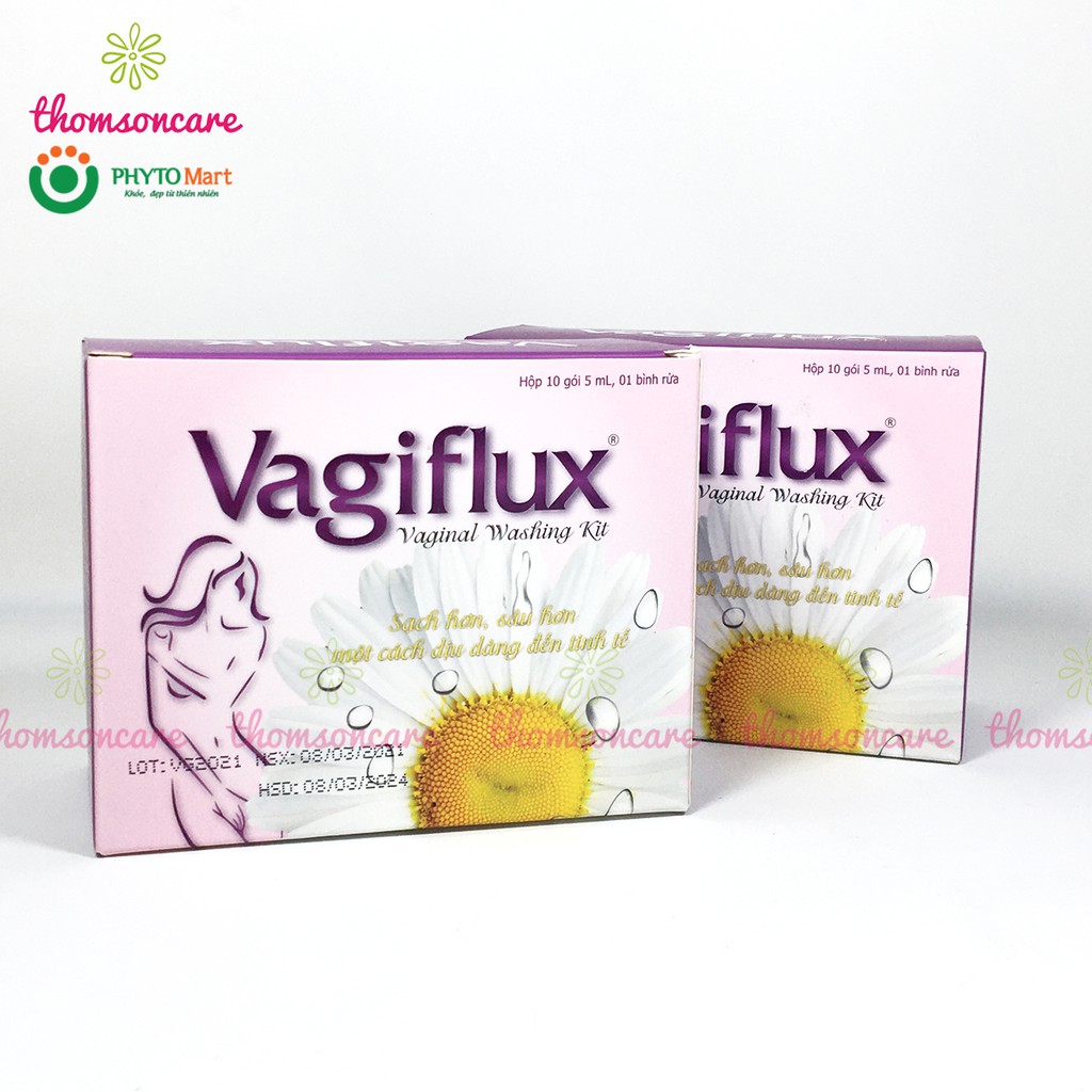 Bình rửa vệ sinh phụ nữ Vagiflux gồm 1 bình rửa và 10 gói muối, tạo thành dung dịch vệ sinh rửa phụ khoa sâu