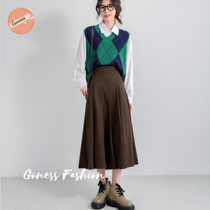 Chân váy dài xếp ly Goness dáng chữ a bigsize cạp lưng cao phong cách tennis xòe kiểu midi xếp li thời trang công sở