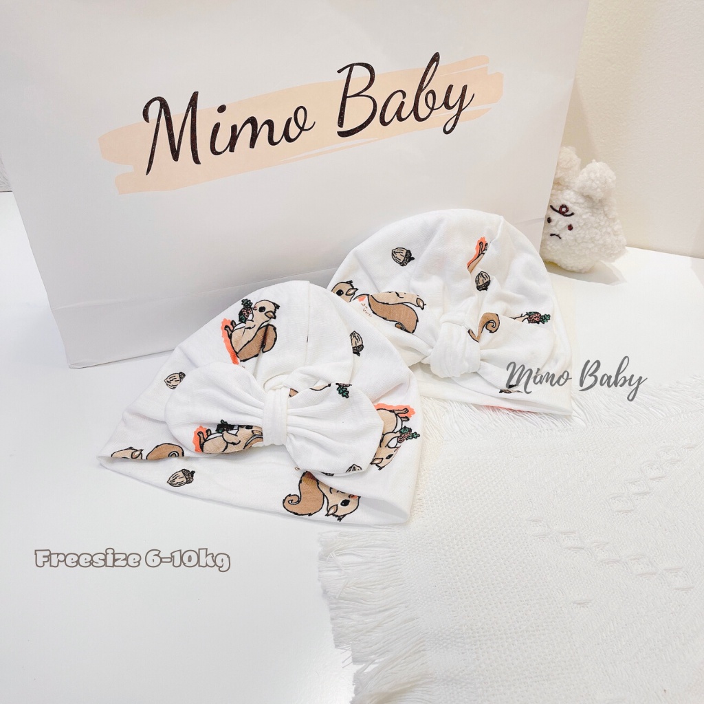 Mũ turban màu trắng họa tiết chú sóc nhỏ đáng yêu cho bé MTB99 Mimo Baby