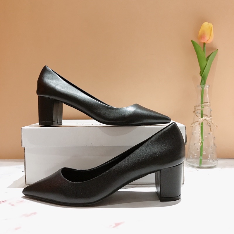 Giày cao gót vuông 6cm mũi nhọn da thật - giày nữ công sở da thật gót vuông