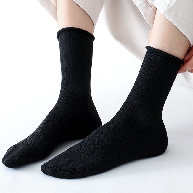 Vớ nữ cổ cao Teneme tất nữ ren bèo đen trơn chất len tăm phong cách TN137