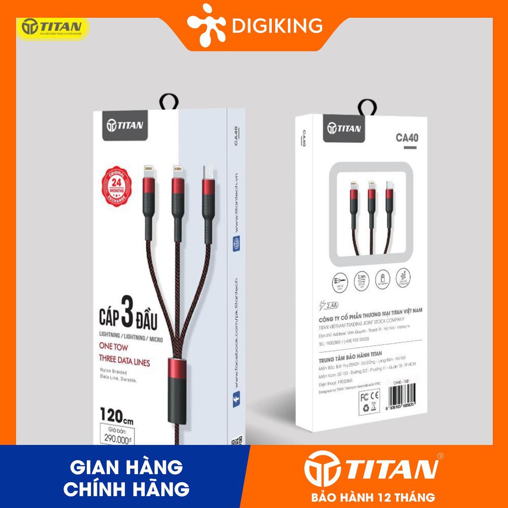CÁP 3 ĐẦU LIGHTNING + LIGHTNING + TYPE-C TITAN CA40