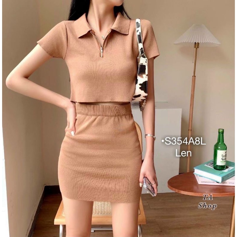 Set Váy Len Polo Nữ Dáng Ôm Set Áo Sơ Mi Ngắn Tay Dáng Lửng Kèm Chân Váy Ôm Lưng Cao