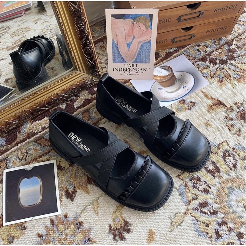 Giày búp bê có quai chun phối bèo vintage Mary Jane dễ thương ulzzang Hàn Quốc Yannie Lolita