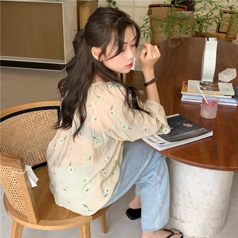 SUXI Áo Sơ Mi Tay Dài Dáng Rộng Thêu Họa Tiết Thời Trang Mùa Hè Dễ Phối Đồ