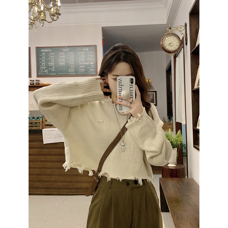 Áo Dệt Kim Tay Dài Dáng Ôm Rách Cá Tính Thời Trang Phong Cách Hàn Quốc Cho Nữ