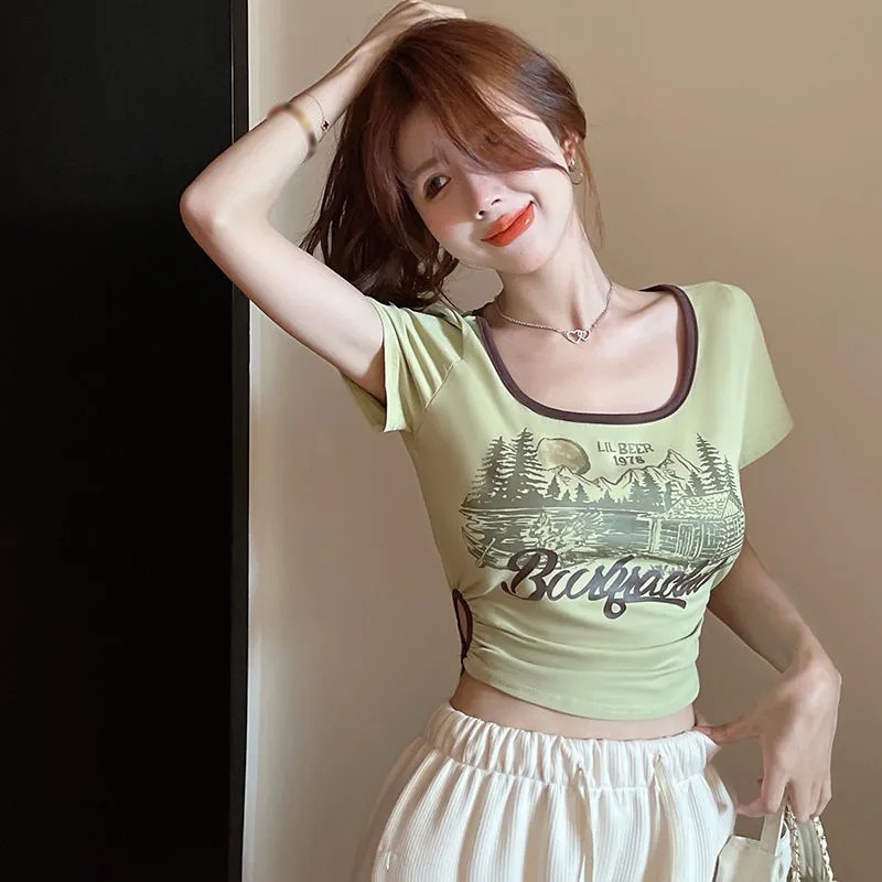 Áo Thun Tay Ngắn Cổ Vuông In Họa Tiết Phong Cách Hàn Quốc Thời Trang Mùa Hè Mới Cho Nữ