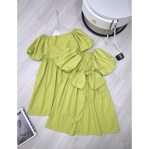 Váy cổ vuông xanh cốm hở lưng dáng xoè baby doll freeaize dứoi 70kg phù hợp với các nấm lùn