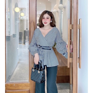 ÁO SƠ MI SỌC DÂY CỘT EO - Hình shop Chụp