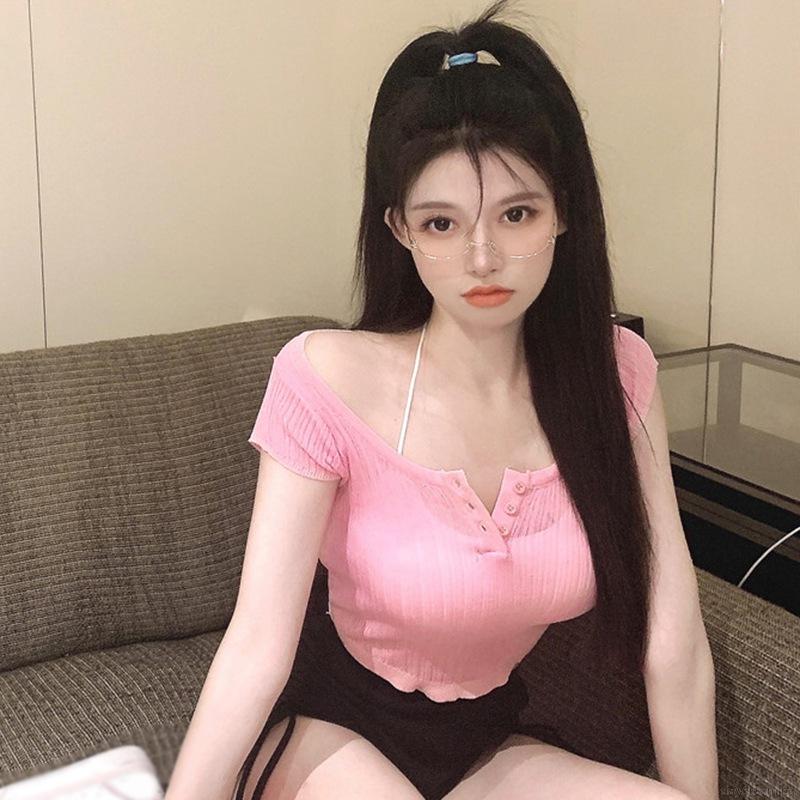 Áo Thun Dệt Kim Tay Ngắn Cổ Vuông Màu Trơn Thanh Lịch | BigBuy360 - bigbuy360.vn