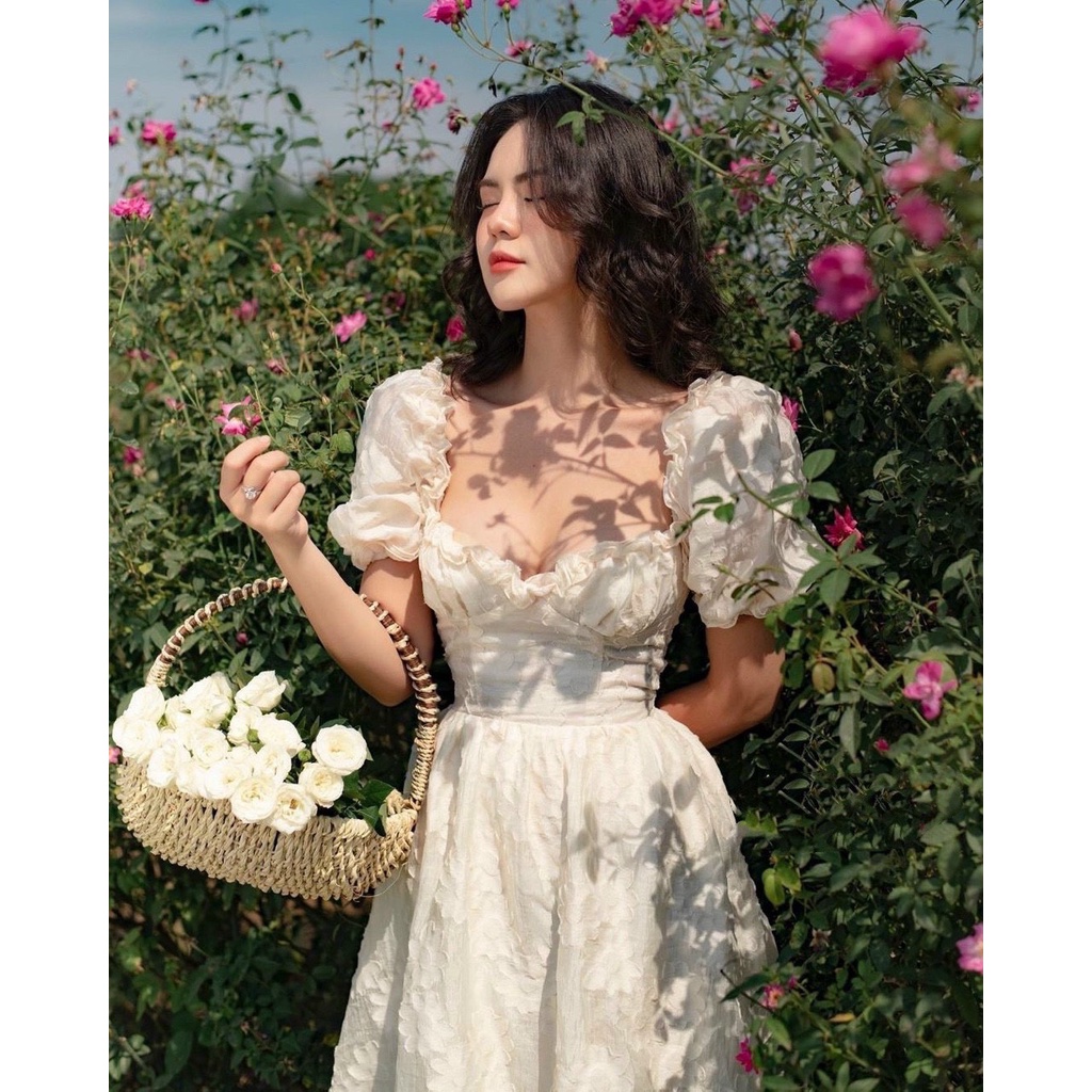 Váy trắng, đầm dáng dài, đầm trắng tiểu thư, tay phồng dành cho dự tiệc, kỷ yếu