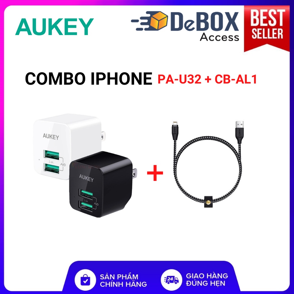 Combo Sạc nhanh iPhone AUKEY Cốc 12W PA-U32, Cáp Sạc Lighting MFi CB-AL1 chính hãng BH 24T