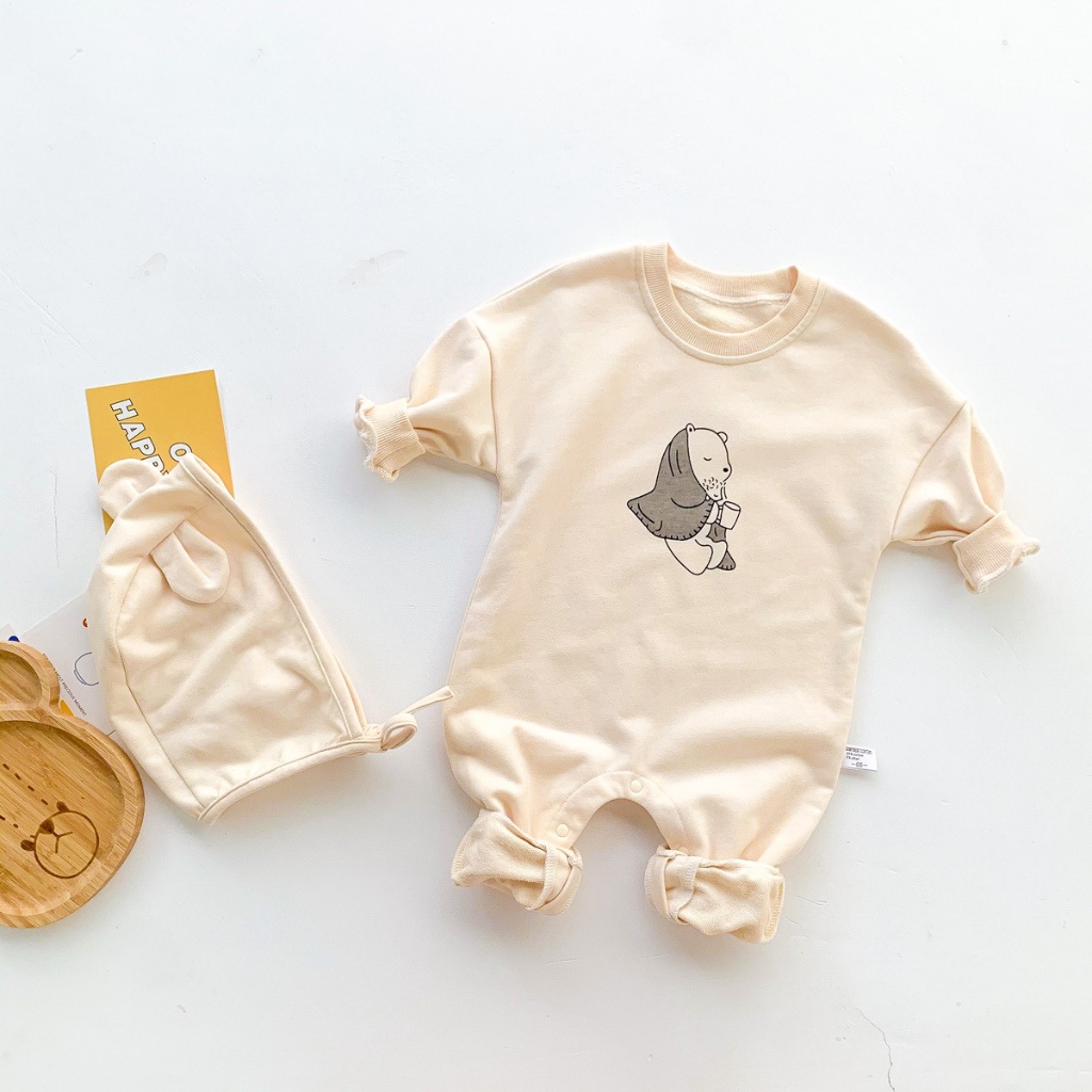 Áo Liền Quần Tay Dài Chất Liệu Cotton Mỏng In Hình Gấu Dễ Thương Cho Bé 0-24 Tháng Tuổi